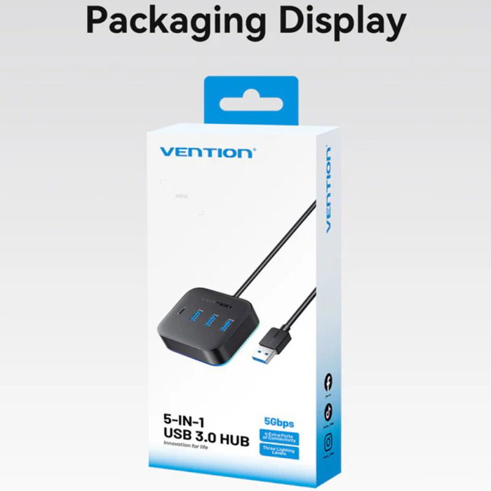 HUB 5 PUERTOS USB 3.0 3xUSB 1xUSB-C 1xUSB-C PD NEGRO VENTION